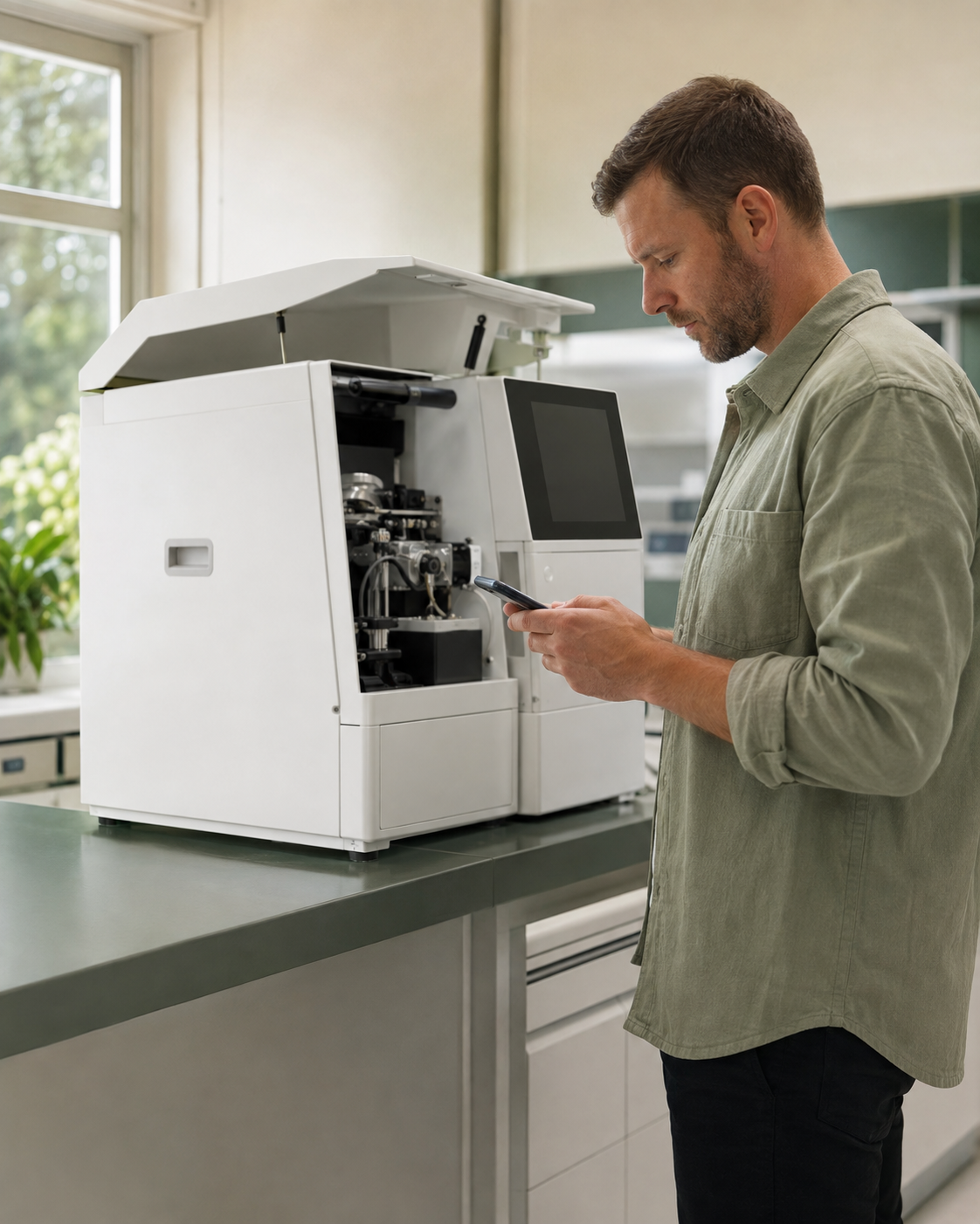Illustrative scene of an engineer using a phone beside laboratory equipment